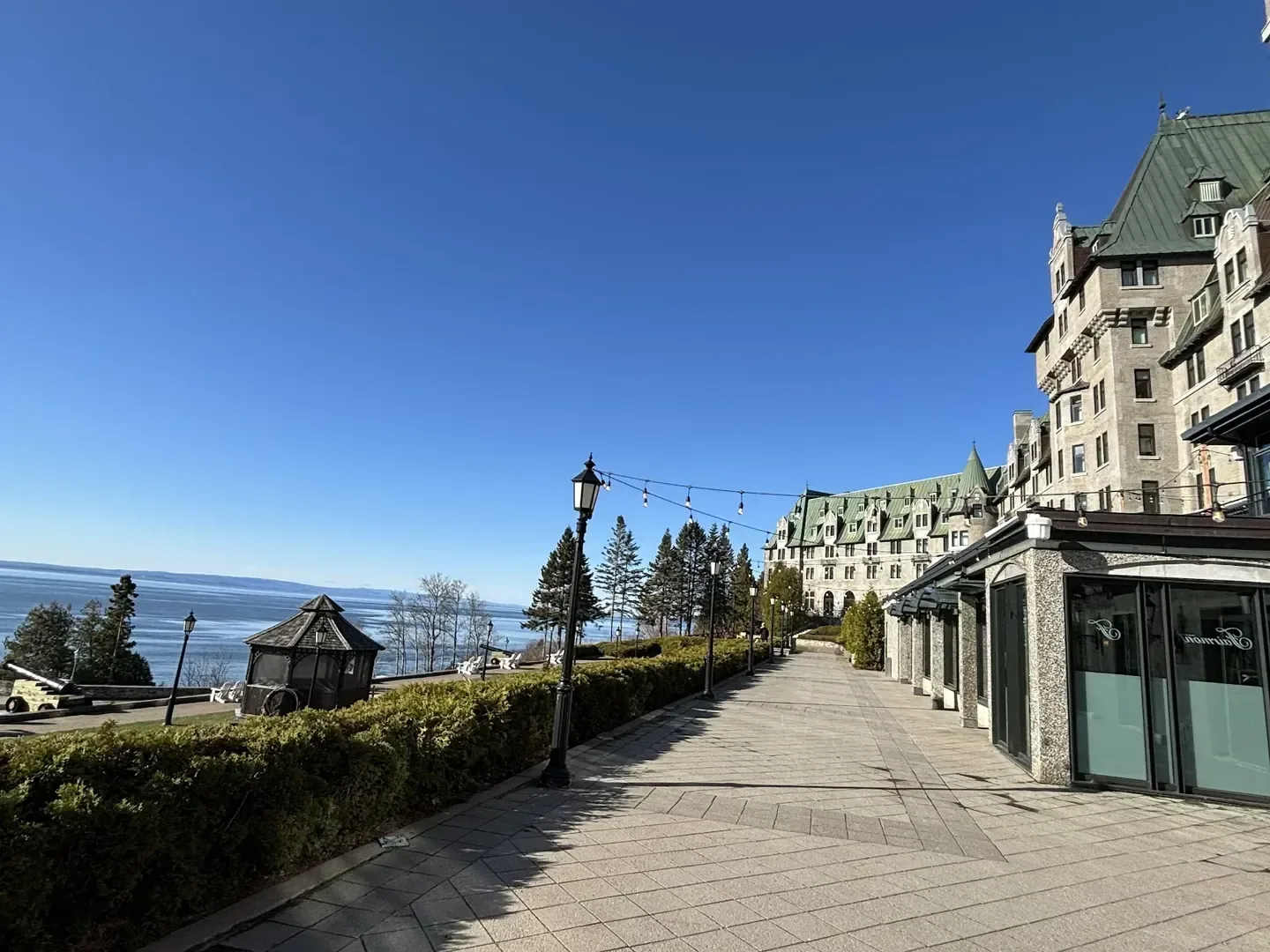 Historic riverside resort façade in La Malbaie